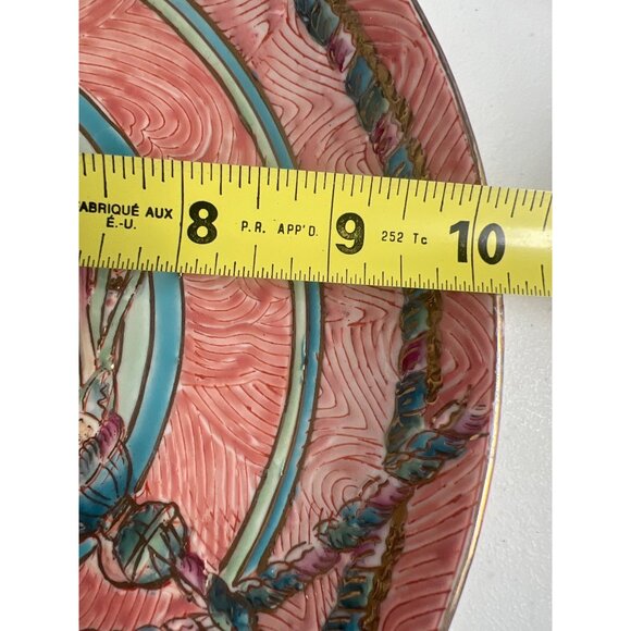 Decorative Ceramic Plate Tassel Motif 10" Pink Blue Gold Embossed Hand-Painted - Picture 4 of 6
